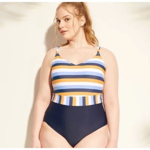 Kona‎ Sol Stripe Yellow Blue White High Waist One Piece Swimsuit Plus Size - Picture 1 of 9